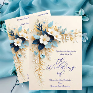 Convite Casamento Elegante Flores Azuis Brancas Creme Dour