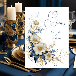 Convite Casamento Elegante Flores Azuis Brancas Douradas