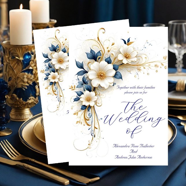 Convite Casamento Elegante Flores Azuis Reais Branco Doura (Criador carregado)