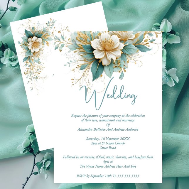 Convite Casamento Elegante Flores Azuis Verdes Brancas (Criador carregado)