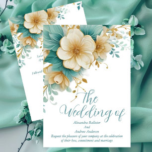 Convite Casamento Elegante Flores Azuis Verdes sobre Branc