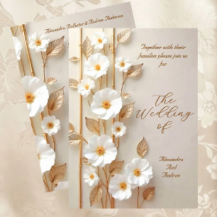 Convite Casamento Elegante Flores Brancas Bege Bambu Doura