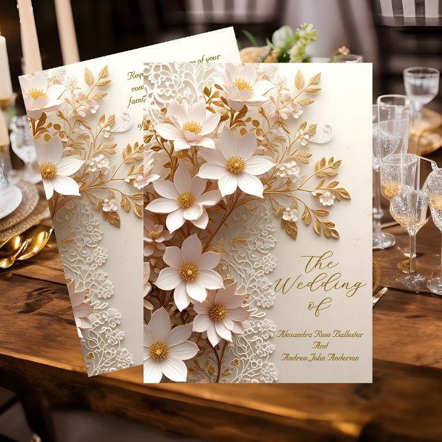 Convite Casamento Elegante Flores Brancas de Renda Dourado (Criador carregado)