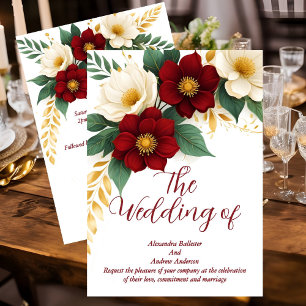 Convite Casamento Elegante Flores Burgundy Branco Dourado