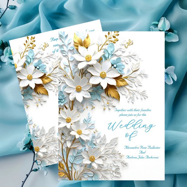 Convite Casamento Elegante Flores de Renda Azul Branco Dou (Criador carregado)