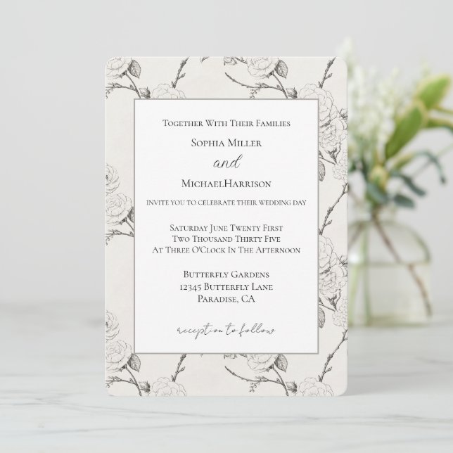 Convite Casamento Elegante Flores Outono Preto Creme (Em pé/Frente)