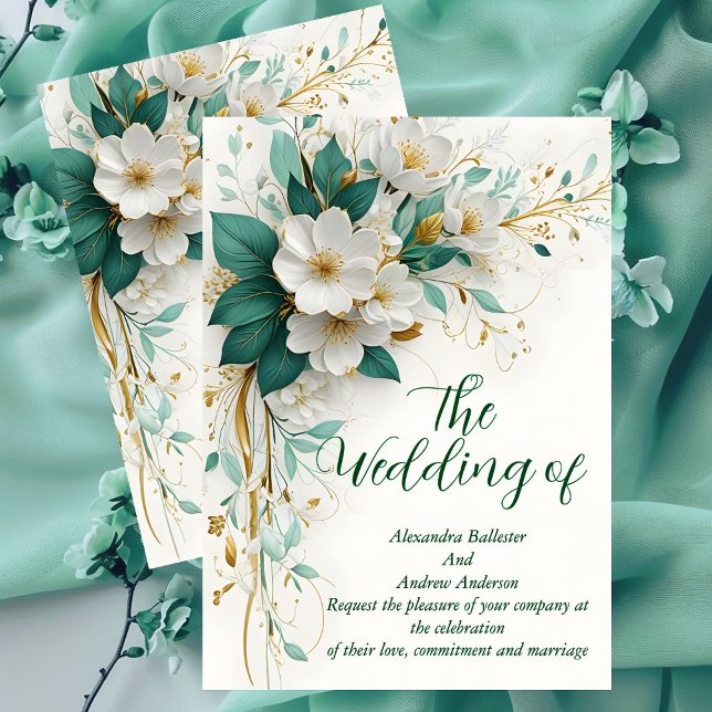 Convite Casamento Elegante Flores Verde Branco Dourado (Criador carregado)