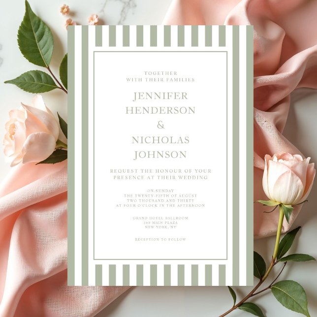 Convite Casamento Elegante Formal com Listras Verde Sage (Elegant Formal Stripes Sage Green Wedding Invitation
)