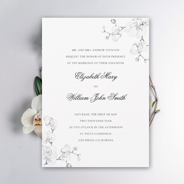 Convite Casamento Elegante Formal Da Orquídea Branca De Ar (white orchid wedding invitation elegant floral white exotic formal traditional fine art sketch frame)
