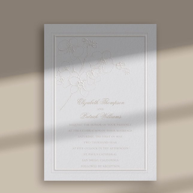 Convite Casamento Elegante Formal das Orquídeas Embriadas  (faux embossed orchids double frame modern classic wedding invitation ivory)