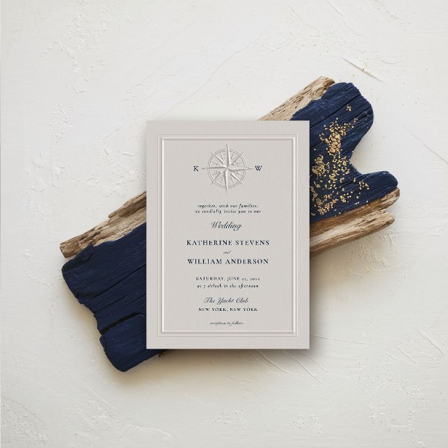 Convite Casamento Elegante Formal De Barcos Náuticos De Ro (nautical wedding invitation compass rose formal traditional modern classic beach ocean coastal)