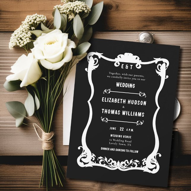 Convite Casamento Elegante Formal de Black White Western (country western black white wedding invitation vintage frame formal elegant modern ranch barn rustic)