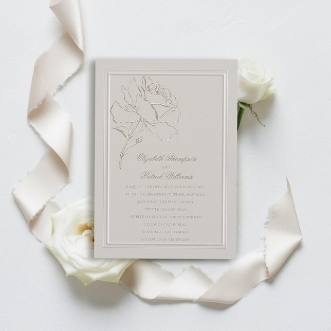 Convite Casamento Elegante Formal de Frame de Rosa com Emb (faux embossed rose double frame wedding invitation modern classic traditional formal)