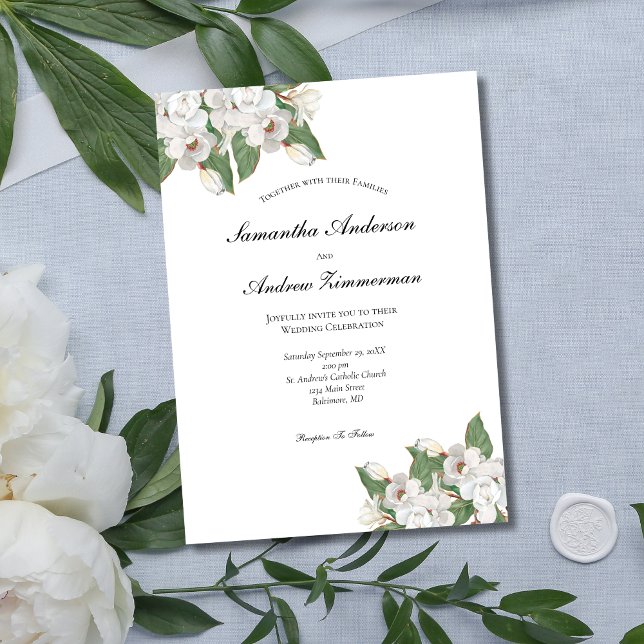 Convite Casamento Elegante Formal de Magnolias Brancas (White Magnolias Floral Flowers Greenery Elegant Wedding Invitation
)