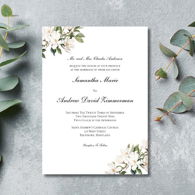 Convite Casamento Elegante Formal de Magnolias Brancas Clá (Elegant Classic Traditional White Magnolias Wedding invitation)