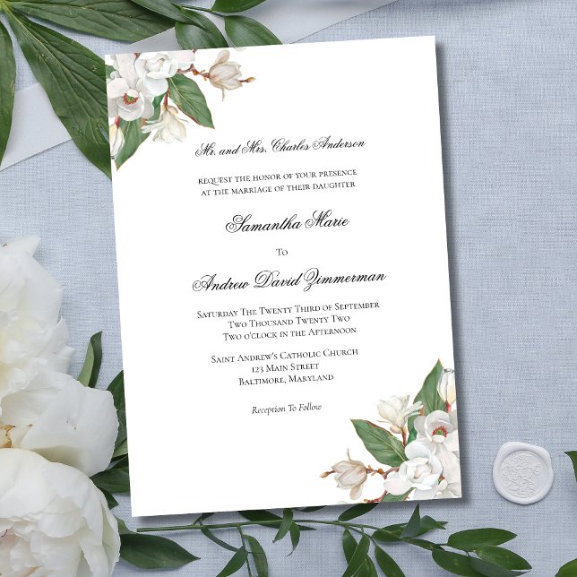 Convite Casamento Elegante Formal de Magnolias Brancas Clá (White Floral Magnolia Flowers Formal Traditional Classic Wedding Invitation)