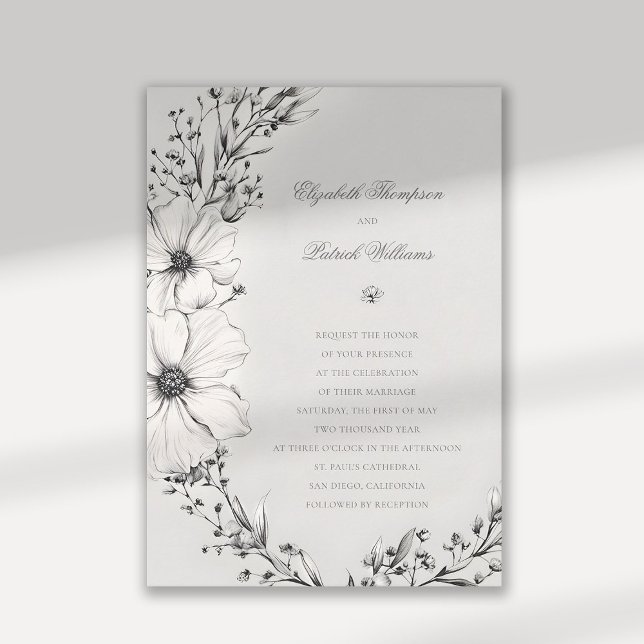 Convite Casamento Elegante Formal de Marfim Negro (wildflowers wedding invitation black and white formal elegant traditional calligraphy floral wreath)