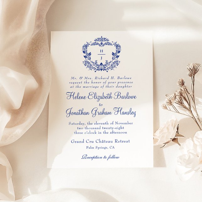 Convite Casamento Elegante Formal de marinho Blue Crest (Navy Blue Crest Formal Elegant Wedding Invitation)