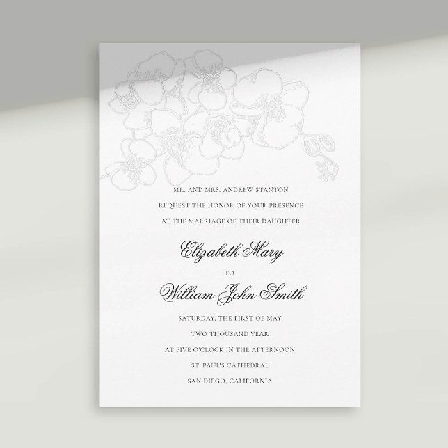 Convite Casamento Elegante Formal De Orquídea Branca (orchid wedding invitation faux embossed white black formal traditional elegant modern classic)