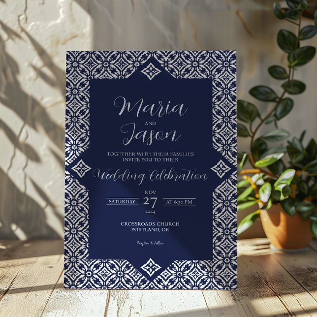 Convite Casamento Elegante Formal de Talavera Azul Marinho (Mexican Navy Blue Talavera Formal Elegant Wedding Invitation)