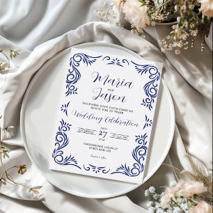 Convite Casamento Elegante Formal de Vintage Branca Marinh