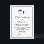 Convite Casamento Elegante Formal do Monograma Tradicional<br><div class="desc">Convite de casamento tradicional em preto clássico e branco com um design simples com seu monograma inicial e seus nomes em um dentro de caligrafia elegante de uma fronteira fina. O dorso é preto sólido. Esta design de classe é perfeita para um casamento formal.</div>
