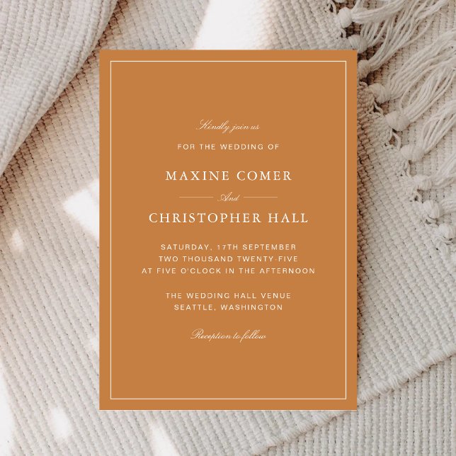 Convite Casamento Elegante Formal Laranja Queimada (Elegant burnt orange wedding invitation sets a warm and sophisticated tone for your day.)