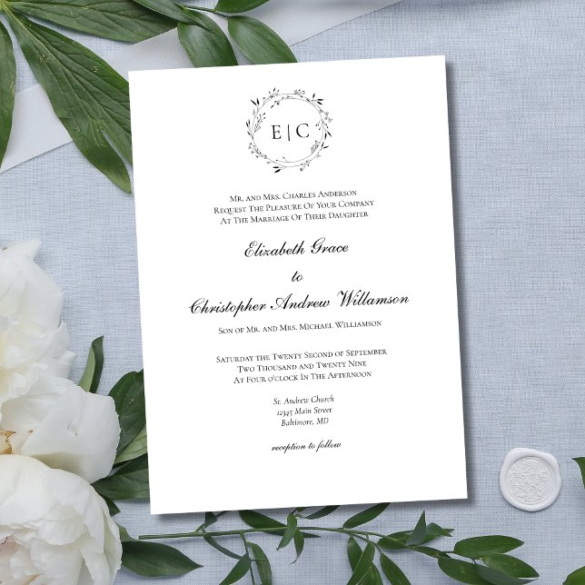 Convite Casamento Elegante Formal Simples Monograma Simple (Elegant Monogram Laurel Wreath Traditional Formal Classic Black White  Minimalist Wedding Invitation)
