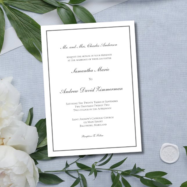 Convite Casamento Elegante Formal Tradicional de Silver ci (Silver Gray Traditional Classic Formal Wedding Invitation)