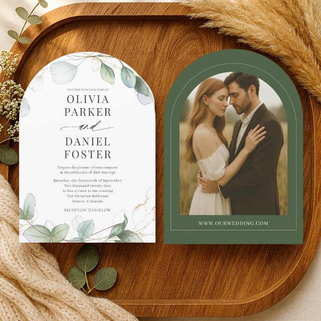 Convite Casamento Elegante Foto Moderna Eucalipto Rústico (Criador carregado)