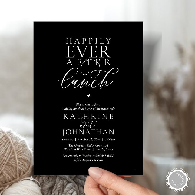 Convite Casamento Elegante Fuga à Noite Após o Almoço (Happily Ever After Lunch Classy Wedding Elopement Invitation card in black white)