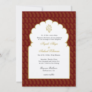 Convite Casamento Elegante Ganesh Red e Dourado Indiano