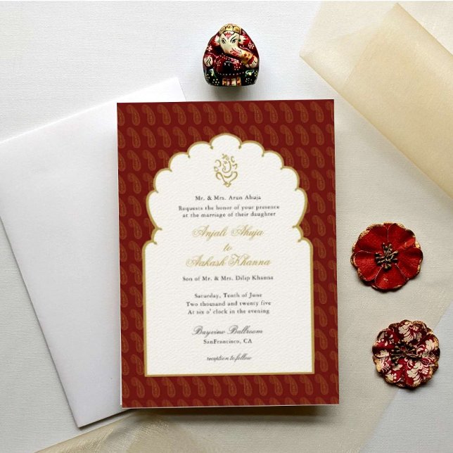 Convite Casamento Elegante Ganesh Red e Dourado Indiano (Criador carregado)
