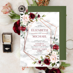 Convite Casamento Elegante Geométrico da Borgonha de Cobr