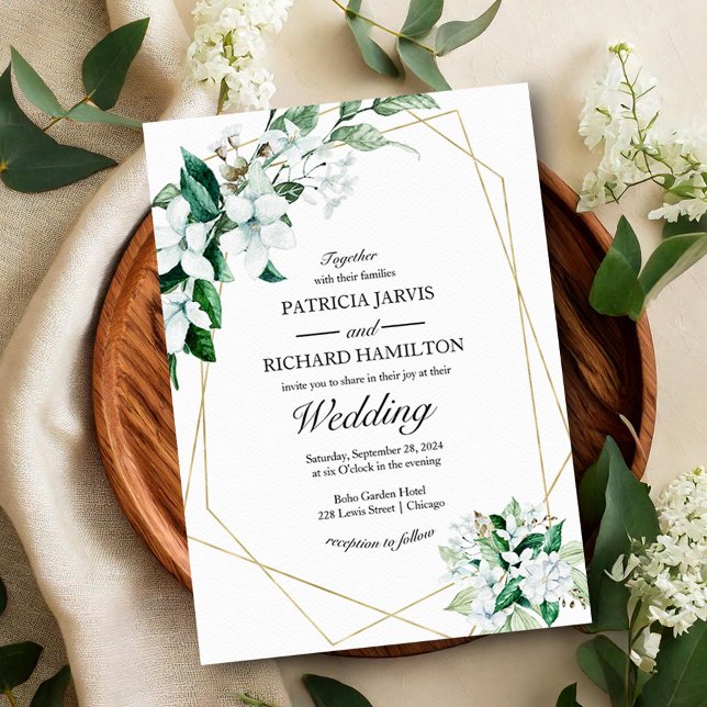 Convite Casamento Elegante Geométrico Dourado com Verde (Criador carregado)