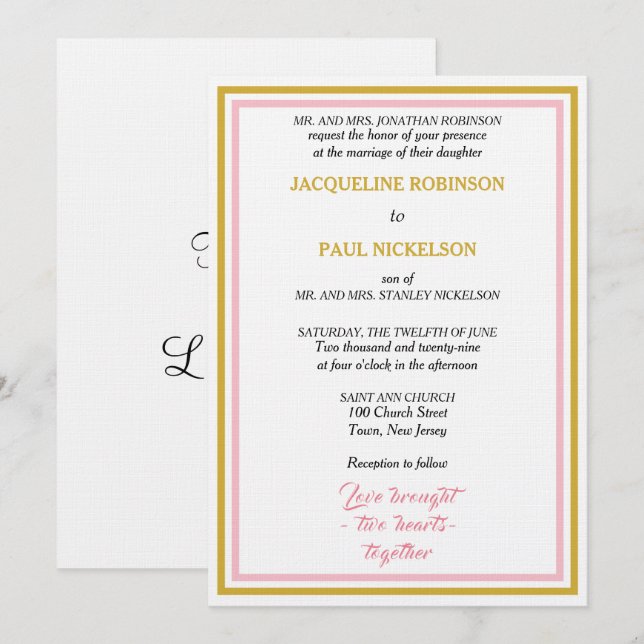 Convite Casamento Elegante Geométrico Rosa Dourado  (Frente/Verso)