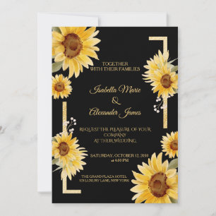 Convite Casamento Elegante Girassol Preto Dourado Outono 
