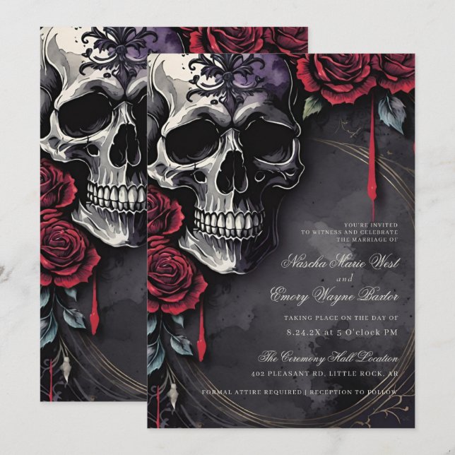 Convite Casamento Elegante Gótico Caveira & Rosas (Frente/Verso)