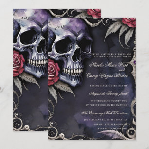 Convite Casamento Elegante Gótico Caveira & Rosas Vermelha