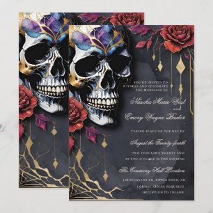 Convite Casamento Elegante Gótico Caveira & Rosas Vermelha