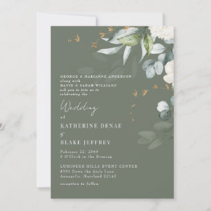 Convite Casamento Elegante Hydrangea Branco com Sage Rica