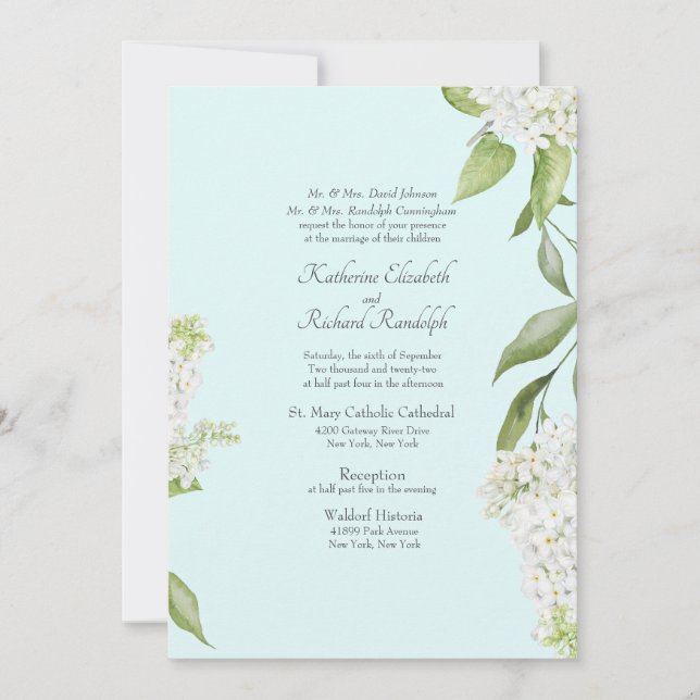 Convite Casamento Elegante Hydrangea Branco Seafoam (Frente)