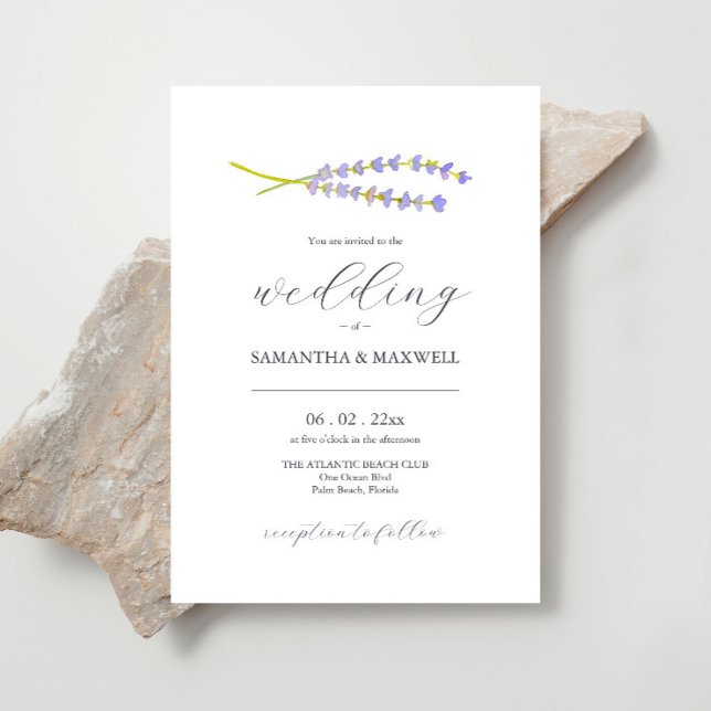 Convite Casamento Elegante Invita Lavanda de Aquarela (Lavender wedding invitations feature botanical minimalistic watercolor art by Victoria Grigaliunas)