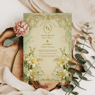 Convite Casamento Elegante Ivory Lily Dourada Scroll