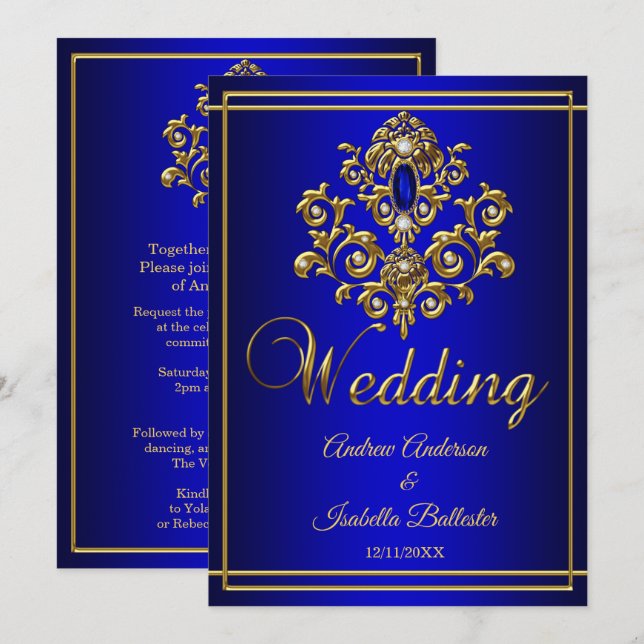 Convite Casamento Elegante Joia Azul Real Dourada 2 (Frente/Verso)