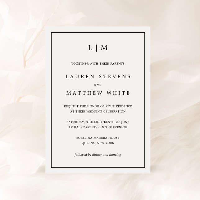 Convite Casamento Elegante Lauren Black and White Monogram (Criador carregado)