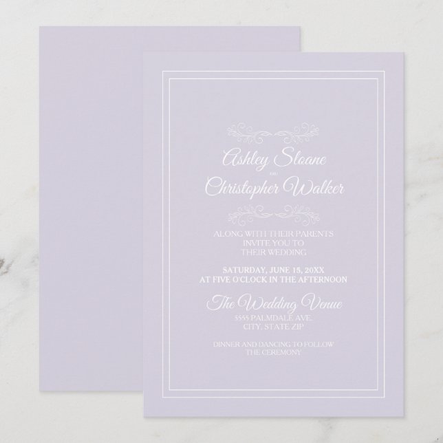 Convite Casamento Elegante Lavanda Roxo Branco (Frente/Verso)