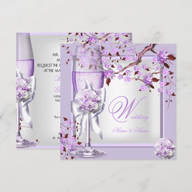 Convite Casamento Elegante Lavanda Roxo Lilás 4b (Frente/Verso)