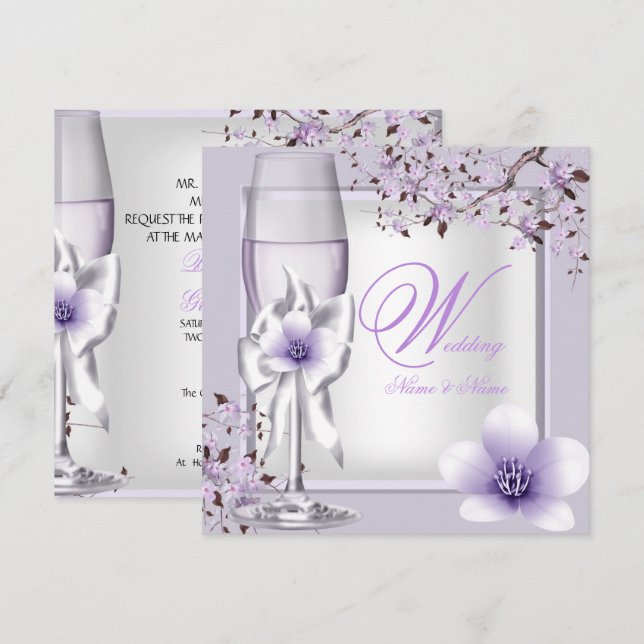 Convite Casamento Elegante Lavanda Roxo Lilás 6 (Frente/Verso)