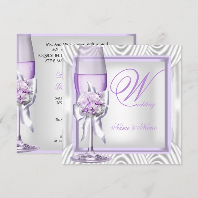 Convite Casamento Elegante Lavanda Roxo Lilás Champanhe (Frente/Verso)